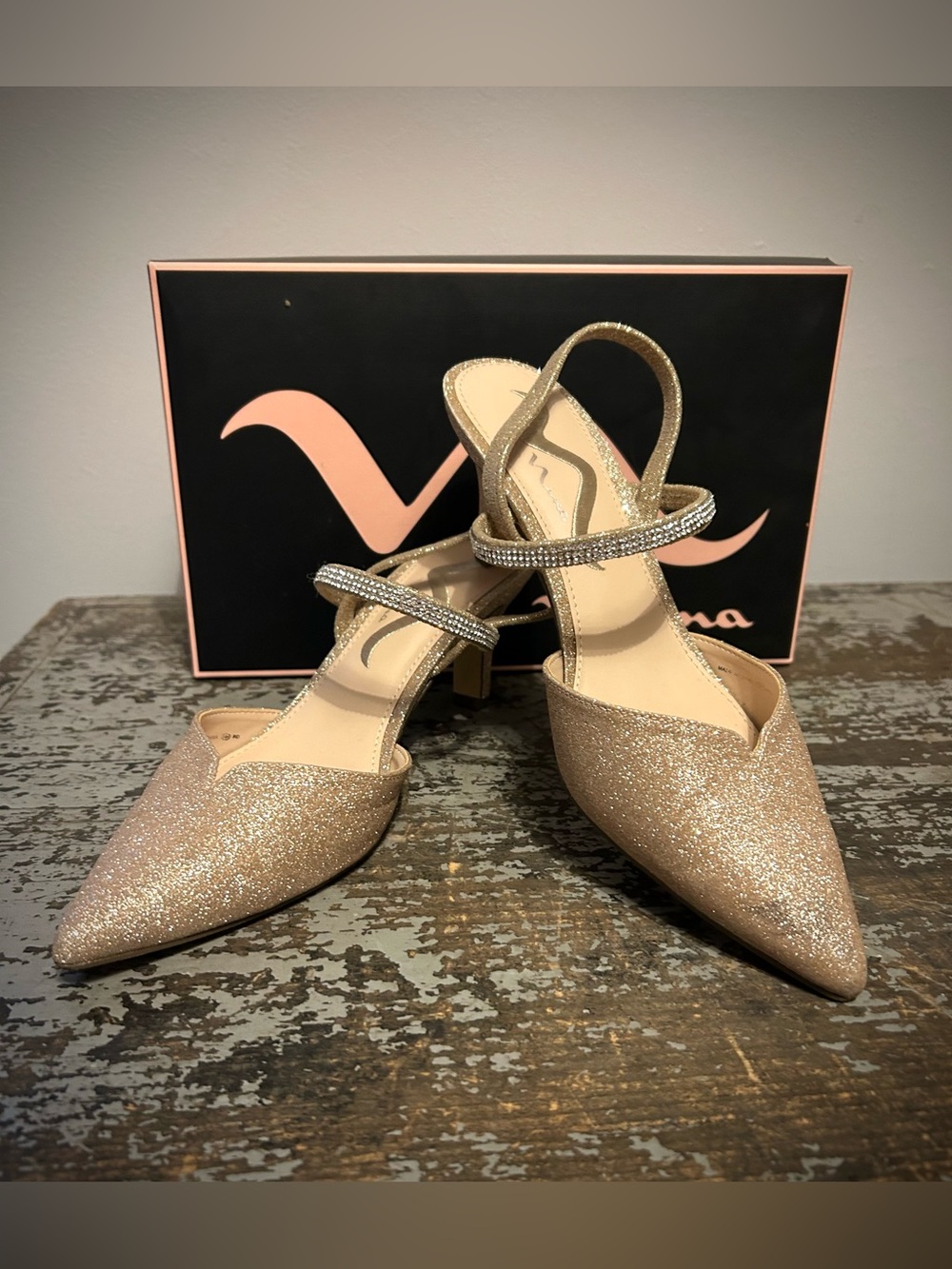 Nina Glitter Pointed Toe Slingback Heels in Rose Gold